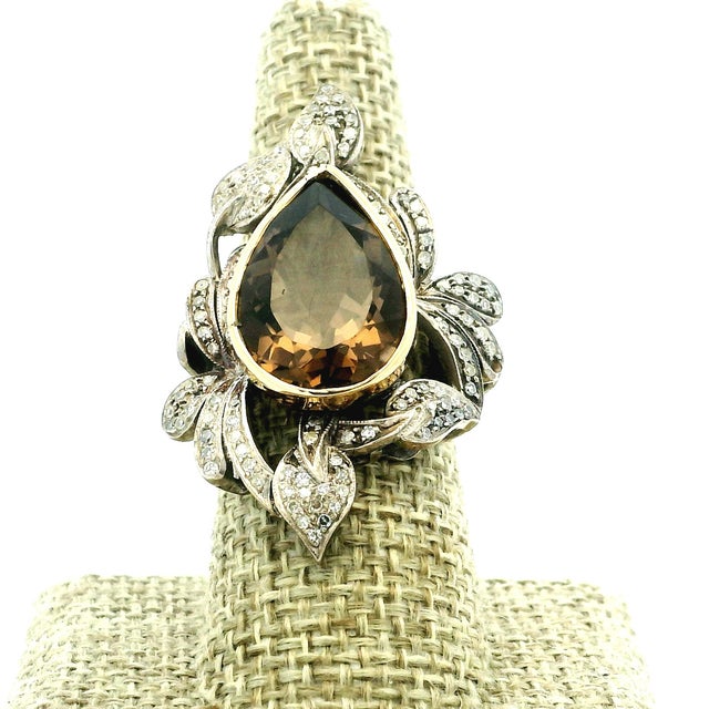 1970s Italian Smoky Topaz & Diamond Ring in Silver and 14k Gold, Size 8 For Sale - Image 11 of 11