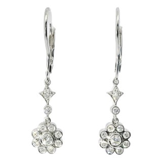 Mid 20th Century 14k White Gold Floral Diamond Drop Earrings Estate, Pair For Sale