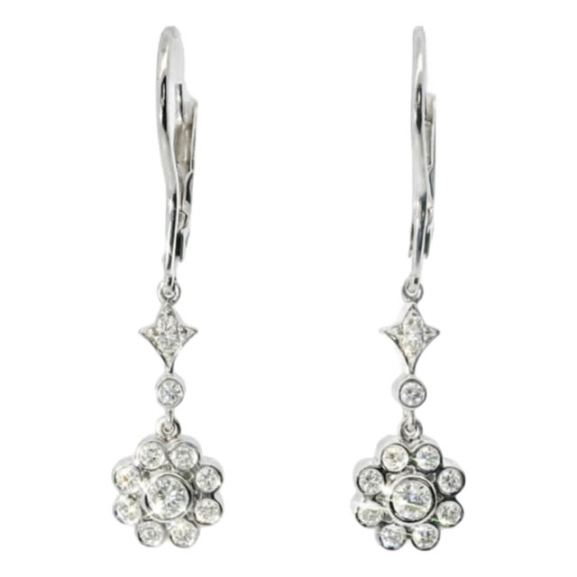 Mid 20th Century 14k White Gold Floral Diamond Drop Earrings Estate, Pair For Sale