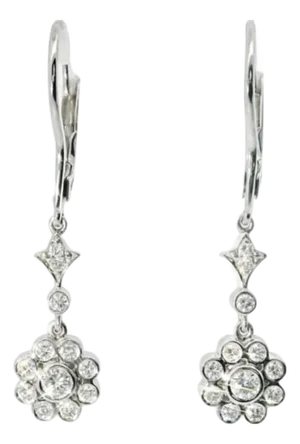 Mid 20th Century 14k White Gold Floral Diamond Drop Earrings Estate, Pair