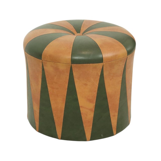 Textile Vintage Round Pouf in Green and Brown Two-Tone Skai, 1960s For Sale - Image 7 of 11