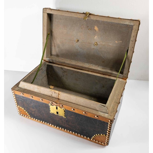20th Century French Studded Leather Document Box With Paper Lined Interior For Sale - Image 10 of 14