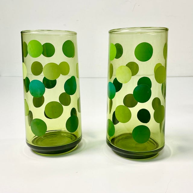 Mid-Century Boho Chic Modern Olive Polka Dot Tumbler Glassware - Set of 6 For Sale - Image 10 of 14