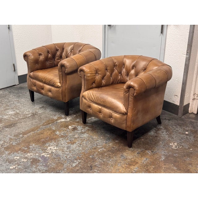 Restoration Hardware 1930's English Tufted Leather Tub Chairs, Pair For Sale In San Francisco - Image 6 of 12