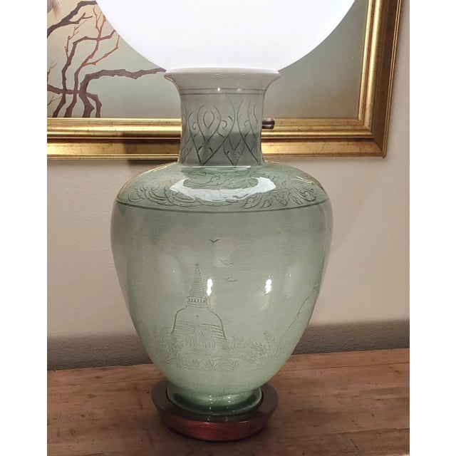 Large Vintage Thai Celadon Carved 'Buddist Temple With Birds" Globe Table Lamp For Sale In San Diego - Image 6 of 12