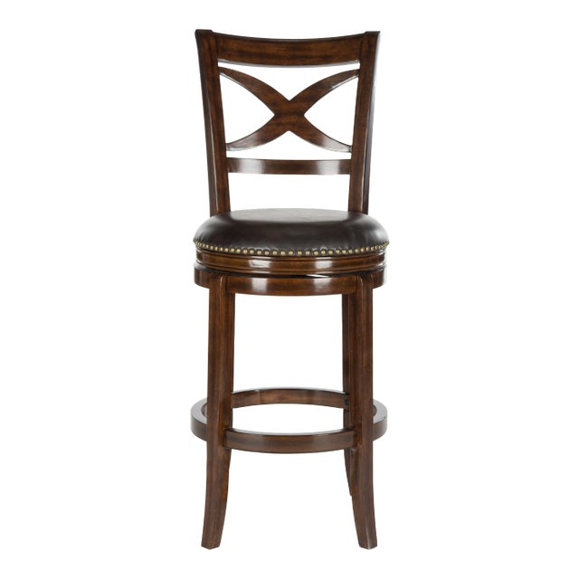 Studded Swivel Barstool in Espresso & Brown For Sale