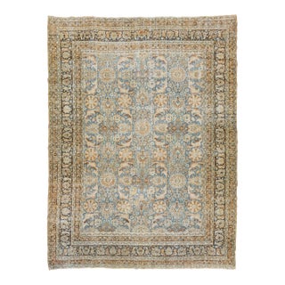 Room Size Floral Antique Persian Tabriz Wool Rug in Blue For Sale