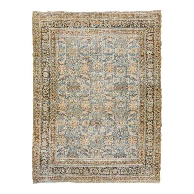 Room Size Floral Antique Persian Tabriz Wool Rug in Blue For Sale