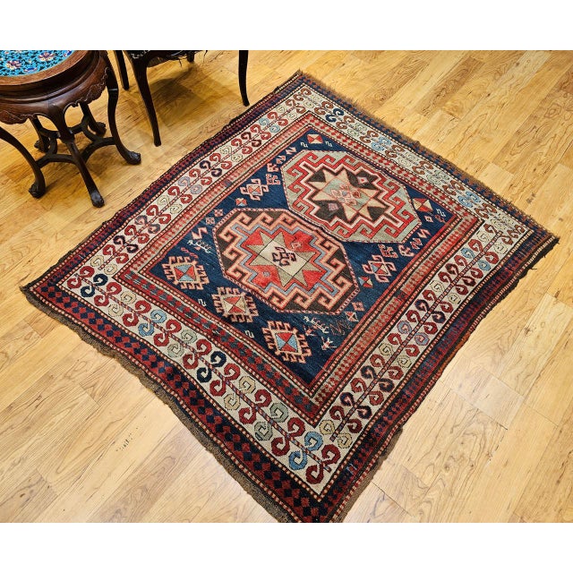 Navy Blue Antique Caucasian Kazak Area Rug, Hand-Knotted Wool, Geometric Medallion Pattern, 5x5 For Sale - Image 8 of 18