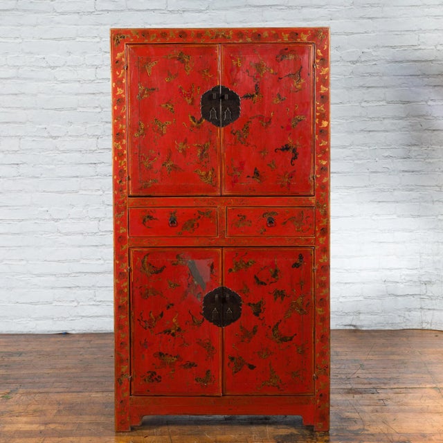 19th Century Chinese Qing Dynasty Red Lacquer Butterfly Décor Cabinet For Sale - Image 10 of 13