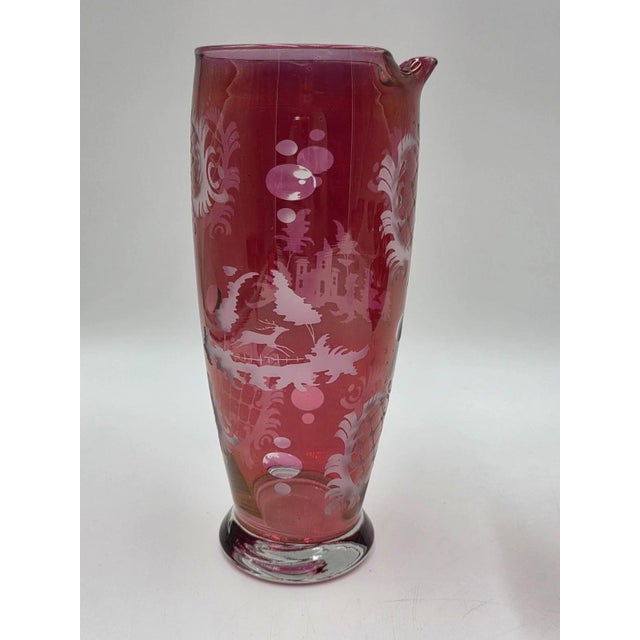 Antique Edwardian Wine Cranberry Glass Engraved Etched & Pitcher - 9pcs For Sale - Image 12 of 12