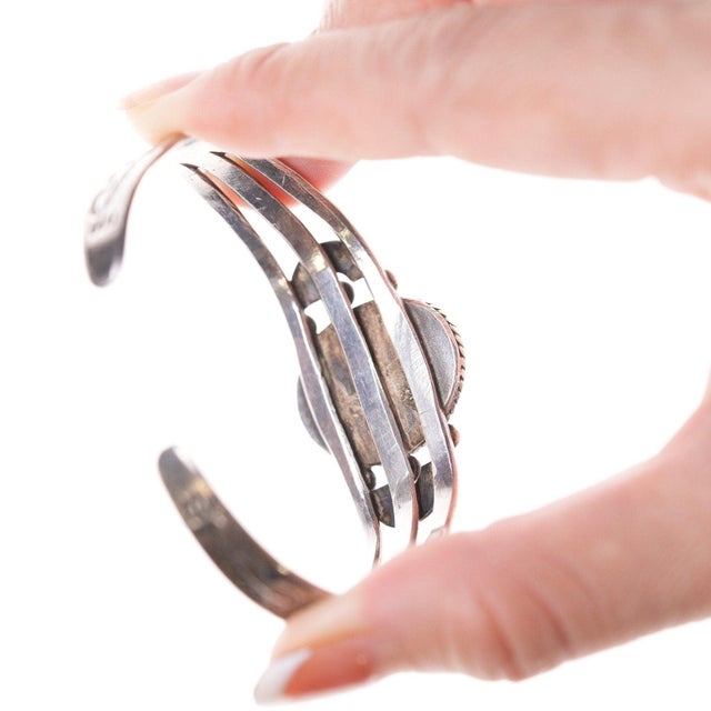 Metal 6 3/8" 30's-40's Navajo Hand Stamped Silver and Turquoise Bracelet For Sale - Image 7 of 10