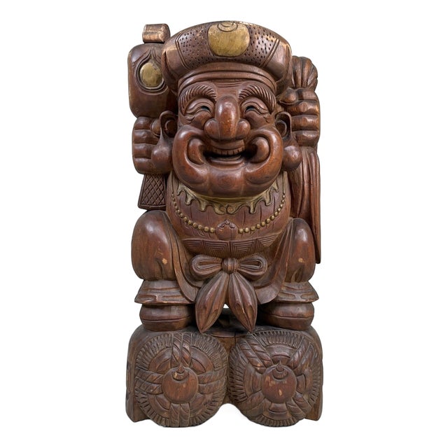 Large Vintage Japanese Wooden Daikoku Statue, 1930s For Sale