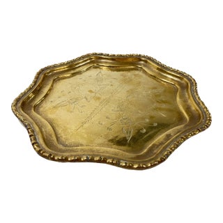Vintage Octagonal Floral Etched Brass Tray For Sale