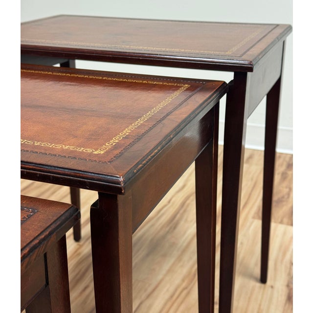 Vintage Heritage-Henredon Leather and Mahogany Nesting Tables, Set of 3 For Sale - Image 12 of 13