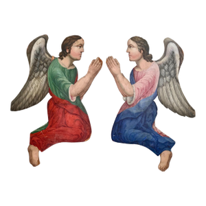 Early 19th Century Pair of Continental Polychrome and Gesso Decorated Carved Wood Adoring Angels.