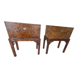 Pair of English Campaign Style Burl Wood Side Tables / Chests / Trunks on Stands – Anglo-Asian Influence, Chicago Merchandise Mart 1991 For Sale