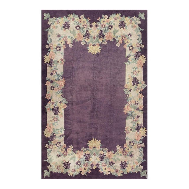 1920s Antique Purple Open Field Chinese Handknotted Art Deco Wool Room Size Rug For Sale