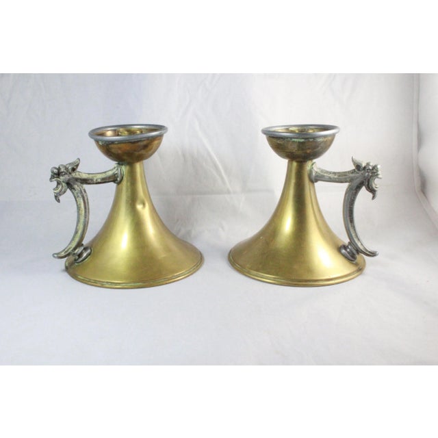 Rare Vintage Brass Heraldic Chamber Candlestick Holder With Griffin Head Handle