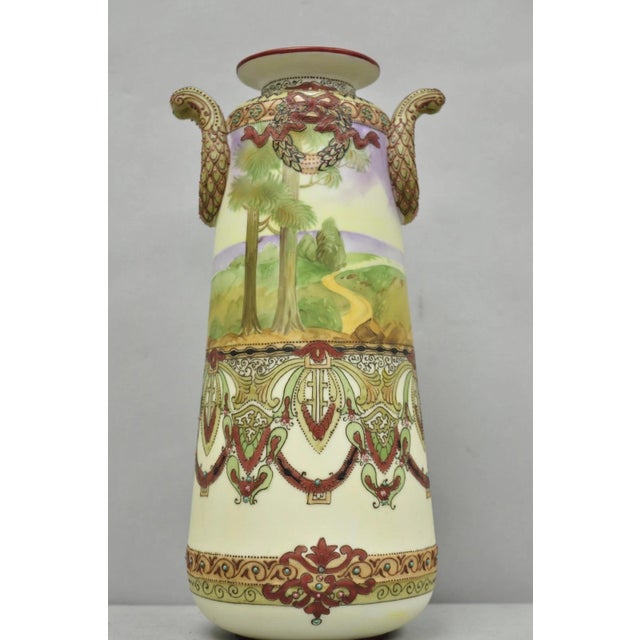 Antique Nippon Hand Painted Porcelain Countryside Moriage Tall Twin Handle Vase For Sale - Image 4 of 18