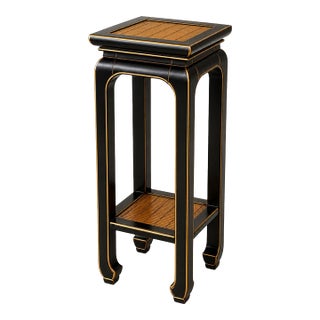 Vintage Chinoiserie Pedestal Table in Onyx Black & Architectural Gold With Bamboo Insets For Sale