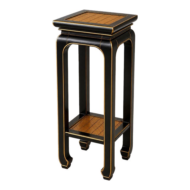 Vintage Chinoiserie Pedestal Table in Onyx Black & Architectural Gold With Bamboo Insets For Sale