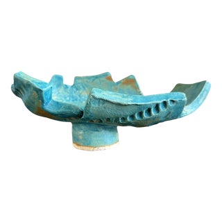 Late 20th Century Rustic Abstract Turquoise Pedestal Footed Display Bowl White Art Pottery For Sale