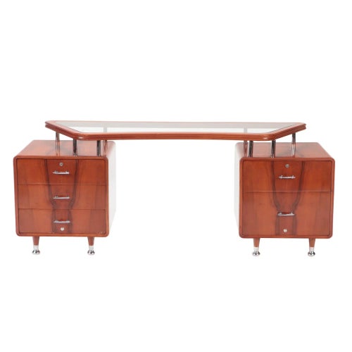 1960s Vintage Double Pedestal Glass and Wood Desk With Chrome Mounts