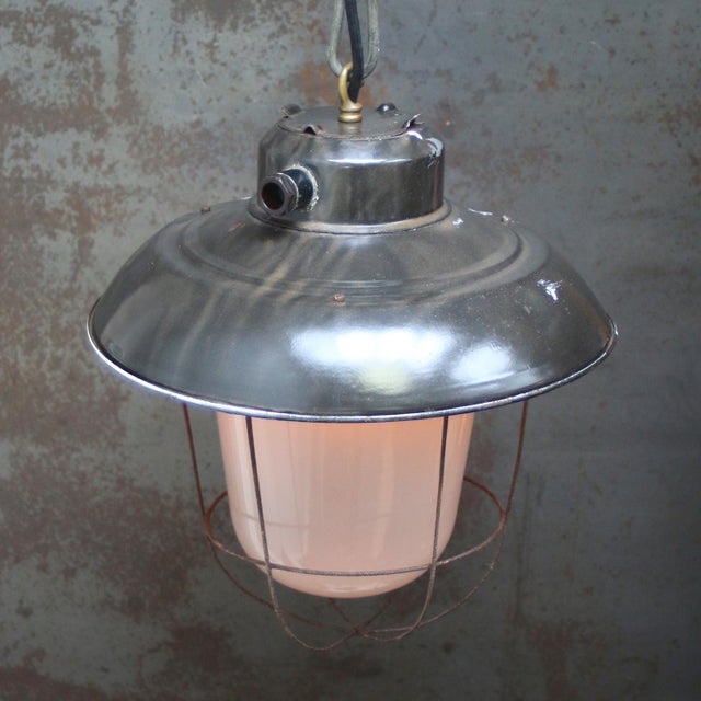 1950s Vintage Industrial Black Enamel and Frosted Glass Pendant Light For Sale - Image 5 of 7