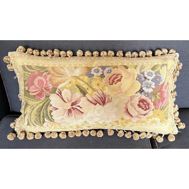 Antique 18th Century French Aubusson Tapestry Pillow With Passementerie Trim and Ball Tassel Fringe For Sale - Image 16 of 16