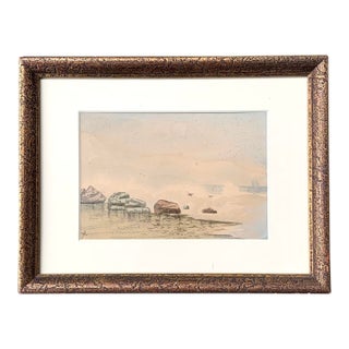 Miniature Antique 1910s Rocky Beach Shore Seascape Painting Watercolor For Sale