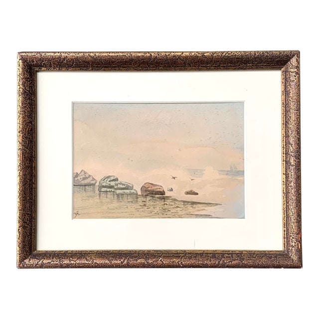 Miniature Antique 1910s Rocky Beach Shore Seascape Painting Watercolor For Sale