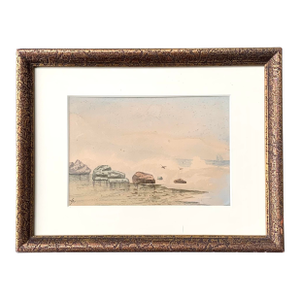Miniature Antique 1910s Rocky Beach Shore Seascape Painting Watercolor