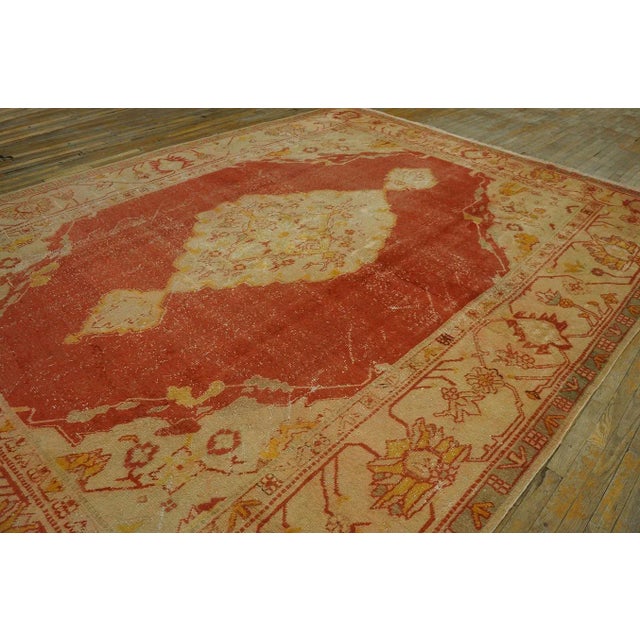1880s Burnt Orange Medallion Antique Turkish Oushak Carpet 10' X 13' Knotted Wool Rug For Sale In New York - Image 6 of 9