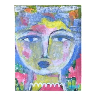 “Face in Blue and Pink” Contemporary Mixed Media Painting on Paper by CL Auker For Sale