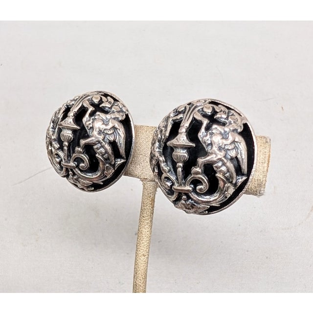 Napier Vintage 1972 Signed Napier Silvertone Round Domed Griffin Clip Earrings-2 Pieces For Sale - Image 4 of 8