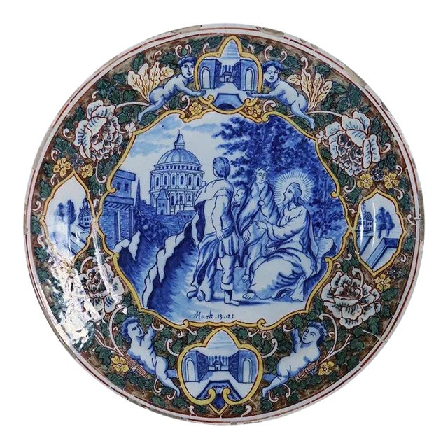 Large Dutch Delft Tin Glazed Pottery Polychrome Religious Scene Plate For Sale