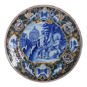 Large Dutch Delft Tin Glazed Pottery Polychrome Religious Scene Plate