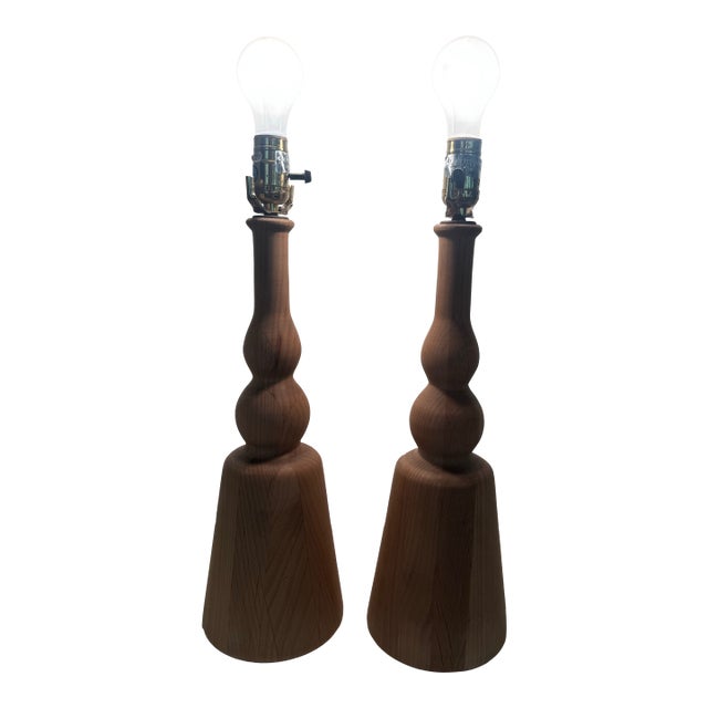 1960s Mid Century Scandinavian Turned Wood Table Lamps - a Pair For Sale