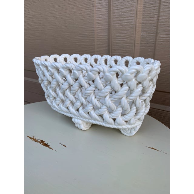French Country 1960s French Country White Ceramic Woven Rope Cachepot Basket For Sale - Image 3 of 11