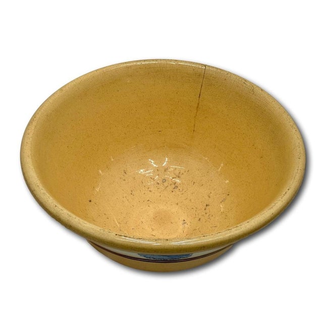 Nice Antique English Blue Seaweed Decorated & Banded Yellow Ware Kitchen Mixing Bowl - Circa Mid 19th Century For Sale - Image 14 of 18