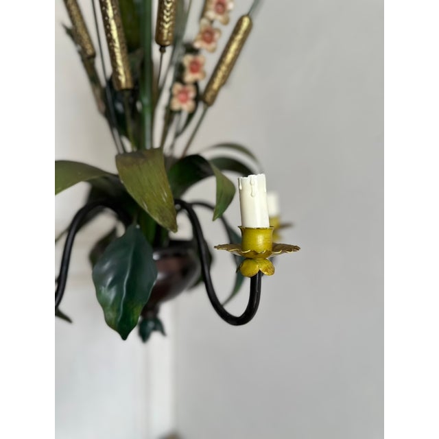 French Country Tole Botanical Five-Light Chandelier with Cattails and Flowers, 1960s For Sale - Image 16 of 17