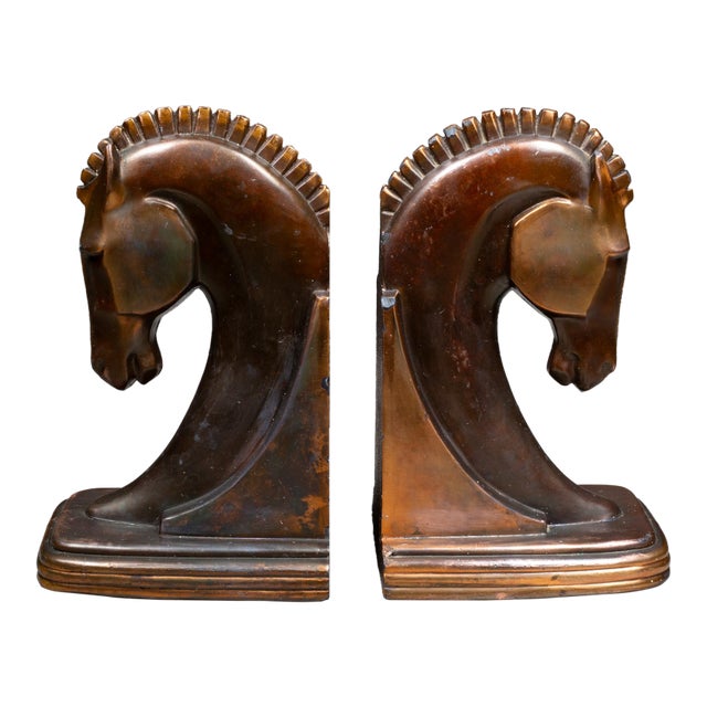 Art Deco Bronze & Copper Plated Trojan Horse Bookends c.1930 For Sale