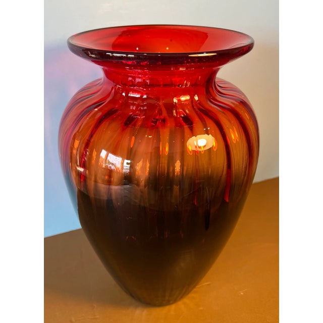 Lart Fluted Art Glass Vase Brown Orange Red Ombre For Sale - Image 9 of 12