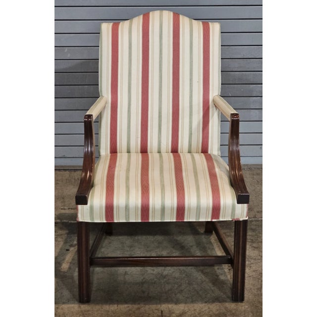 Store Item: Hickory Chair Federal Style Mahogany Lolling Chair Silk Striped Fabric Description: High End Hickory Chair...