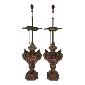 Pair of French Empire Style Rouge Marble Table Lamps With Figuras Bronze Mounts