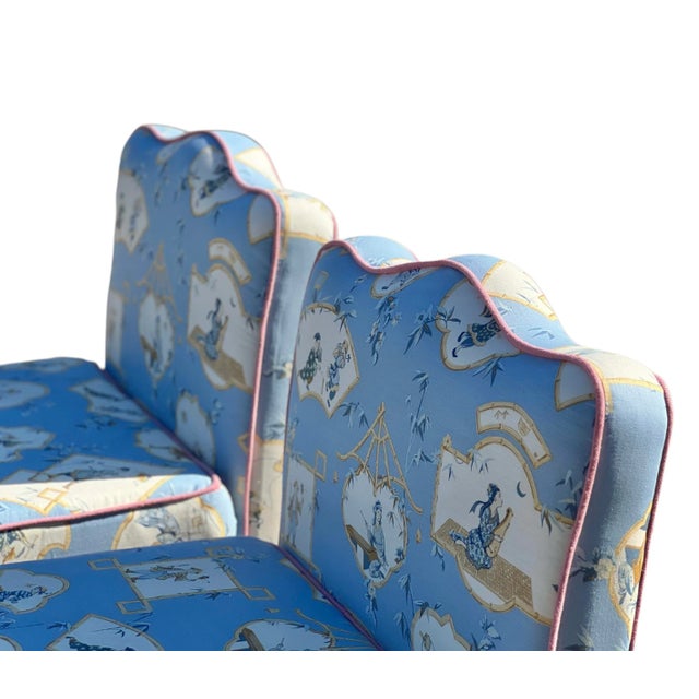 Pair Linen Scalloped Slipper Chairs in House of Scalamandre For Sale - Image 16 of 16