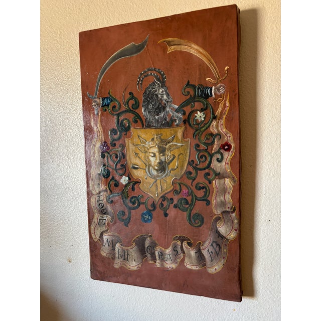 Terra Cotta Hand Painted Oil on Wood Memento Mori Coat of Arms Heraldry Wall Plaque For Sale - Image 8 of 12