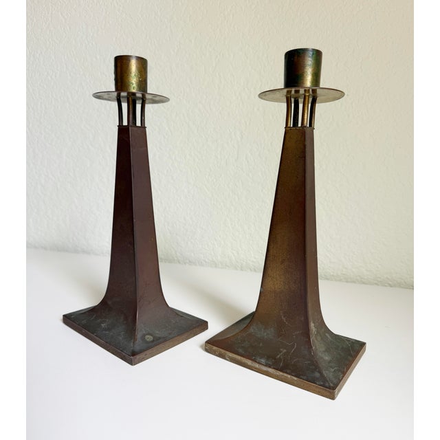 Metal Arts & Crafts Era Brass Candle Holders, a Pair, Early 20th C For Sale - Image 7 of 11