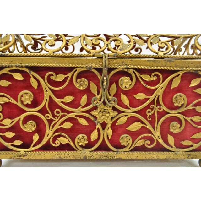 Late 20th Century Vintage Hollywood Regency Style Gold Gilt Metal Red Jewelry Trinket Storage Box For Sale - Image 4 of 12